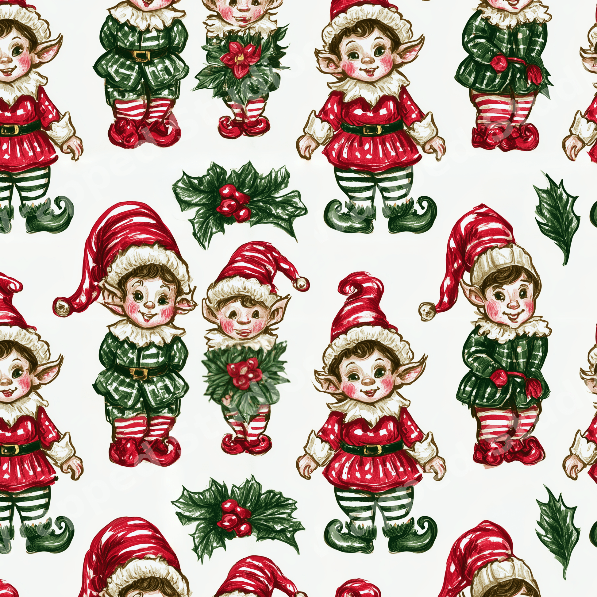 Vintage Christmas elf pattern with retro holiday elves and holly berries in festive red and green.