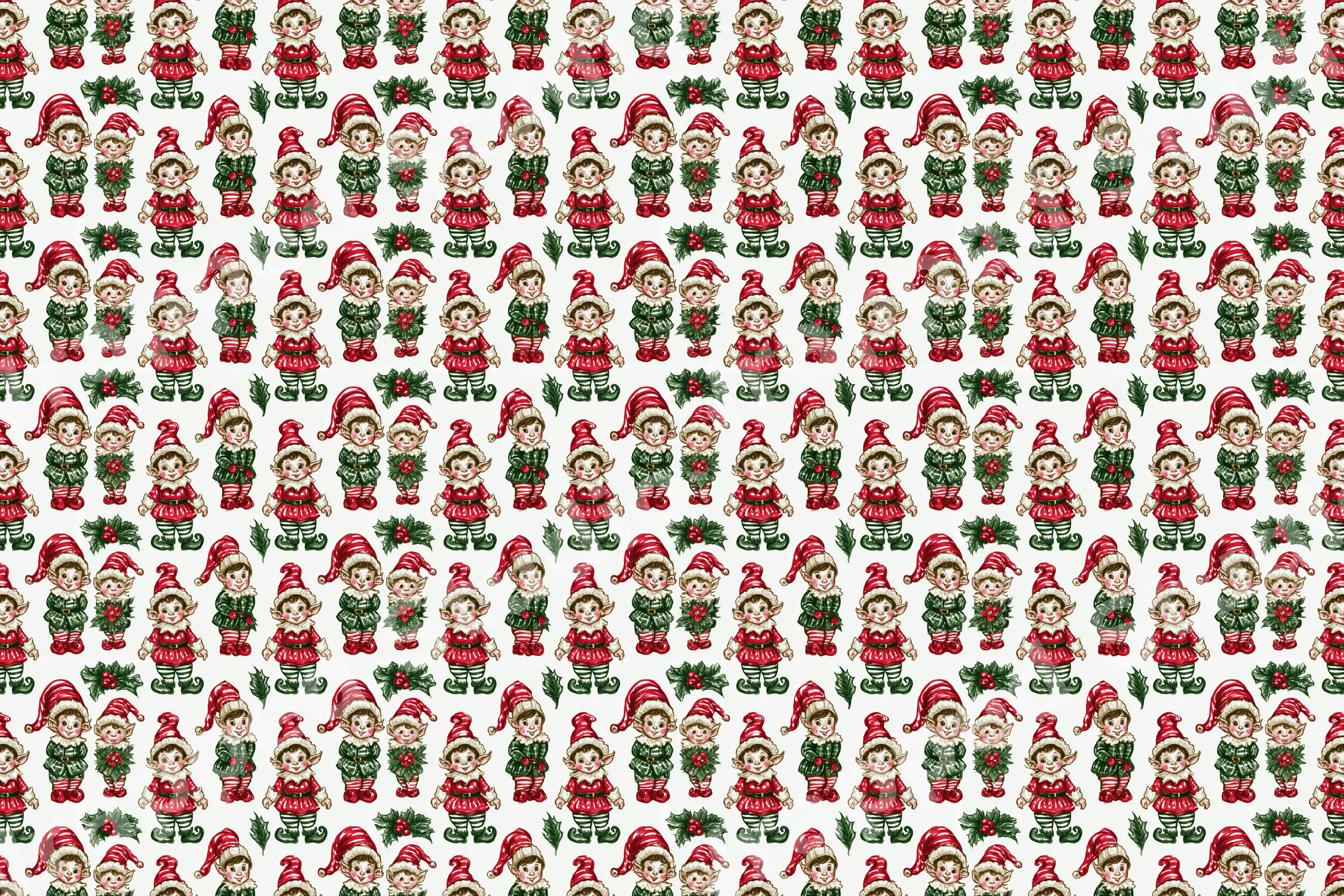 Seamless vintage Christmas elf pattern with retro holiday pixies and holly leaves in classic red and green.