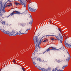 Vintage Santa Claus seamless pattern featuring retro illustrated Christmas faces on a red background.
