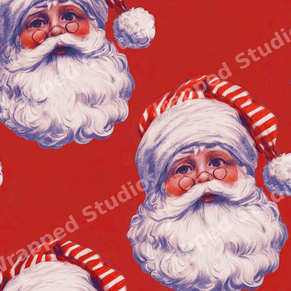Vintage Santa Claus seamless pattern featuring retro illustrated Christmas faces on a red background.
