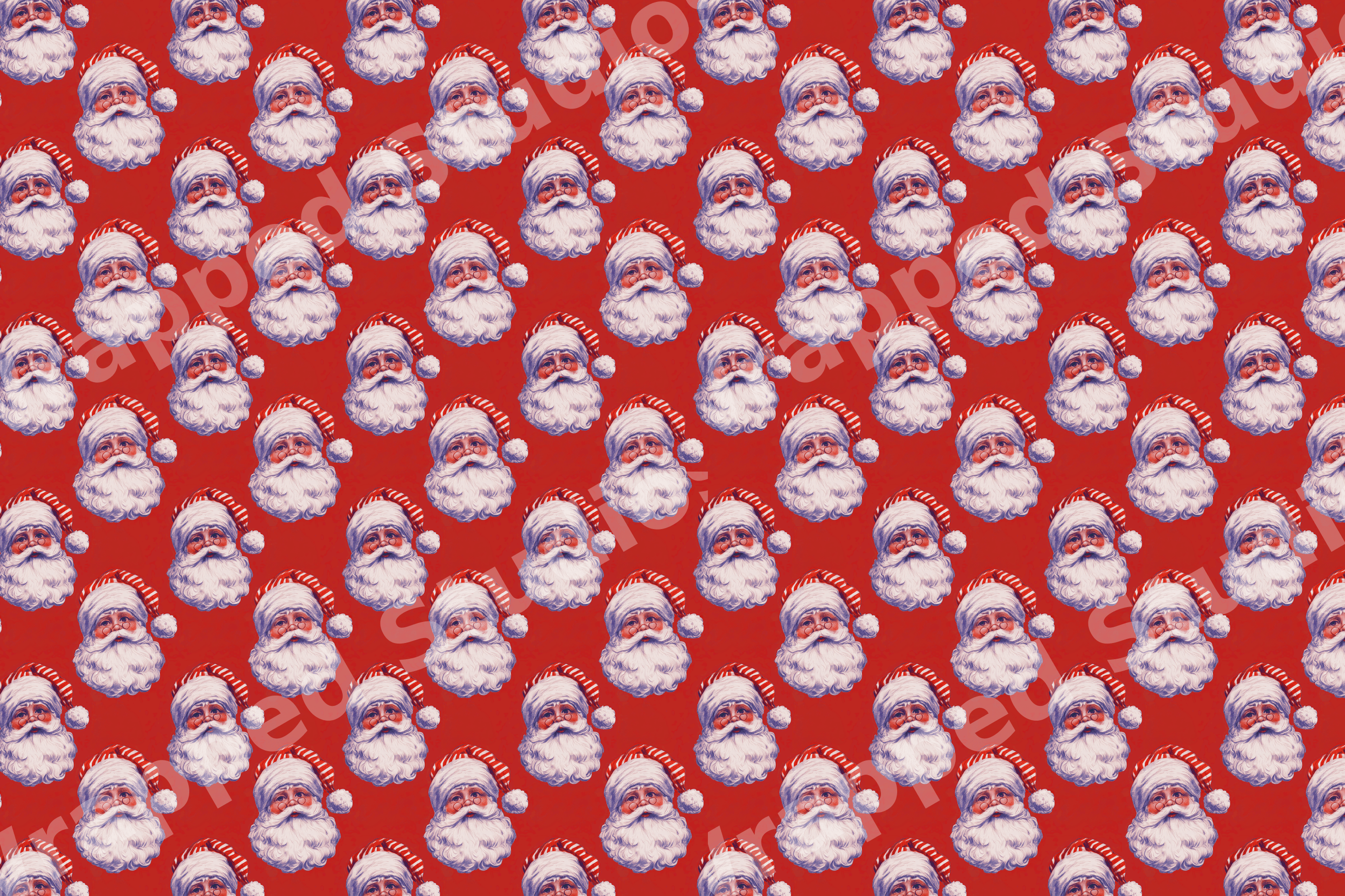 Vintage Santa Claus pattern featuring retro Christmas illustrations on a bold red background.