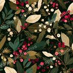 Seamless botanical pattern with leaves and berries in shades of green, cream and red on a dark background.