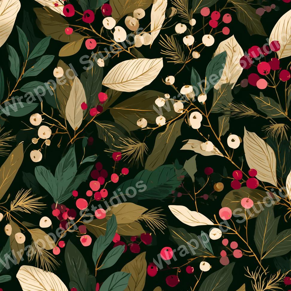 Seamless botanical pattern with leaves and berries in shades of green, cream and red on a dark background.