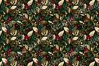 Elegant botanical pattern with leaves and berries in shades of green, cream, and red on a dark background.