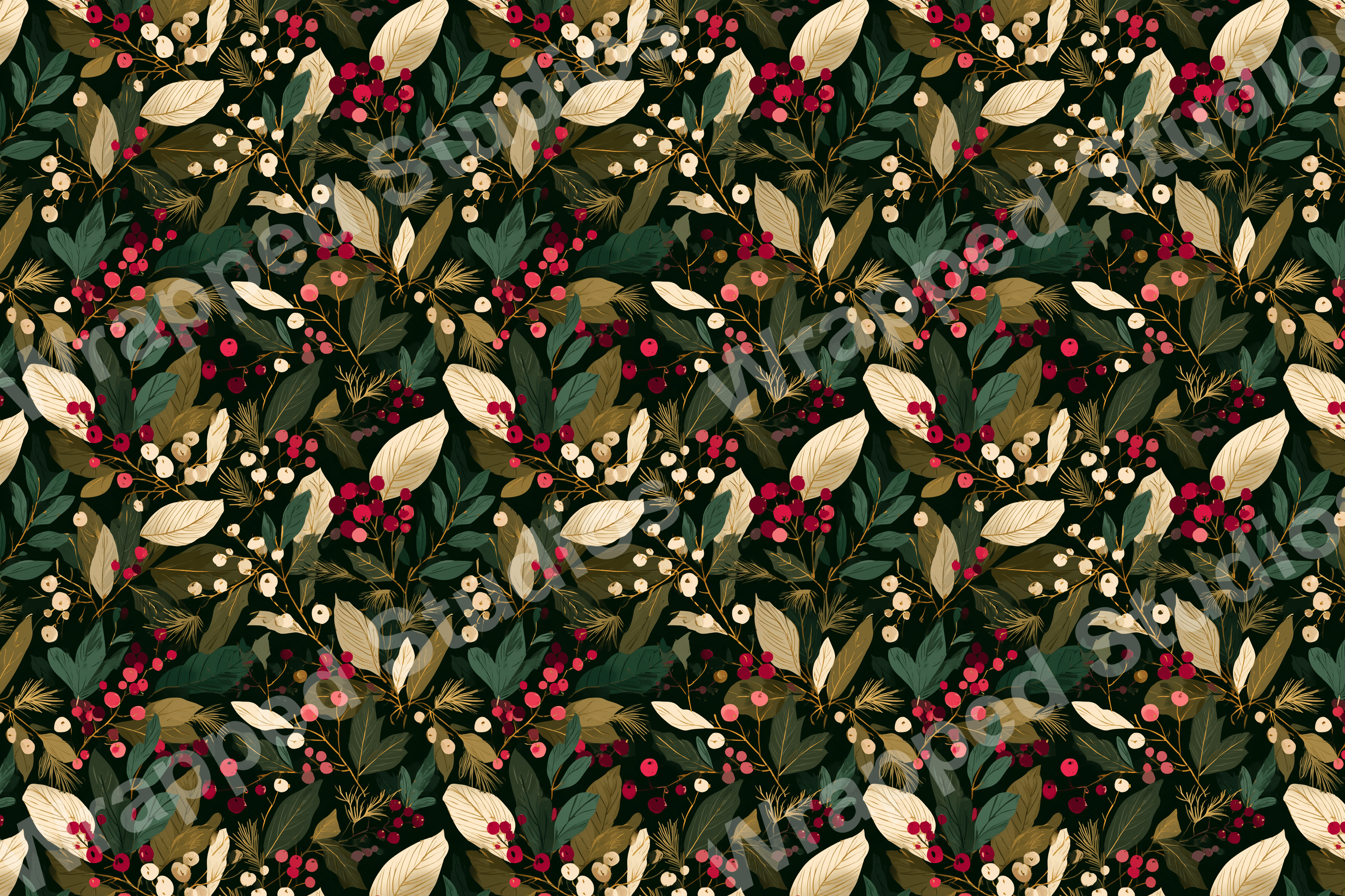 Elegant botanical pattern with leaves and berries in shades of green, cream, and red on a dark background.