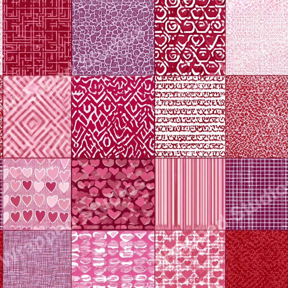 A vibrant collection of 20 seamless patterns featuring hearts, stripes, and abstract designs in various shades of red and pink, perfect for a playful and romantic aesthetic.