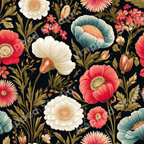 Vintage botanical floral pattern with red poppies, white daisies, and blue wildflowers on a dark background.