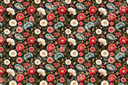 Elegant vintage botanical pattern with red poppies and blue flowers on a dark background.