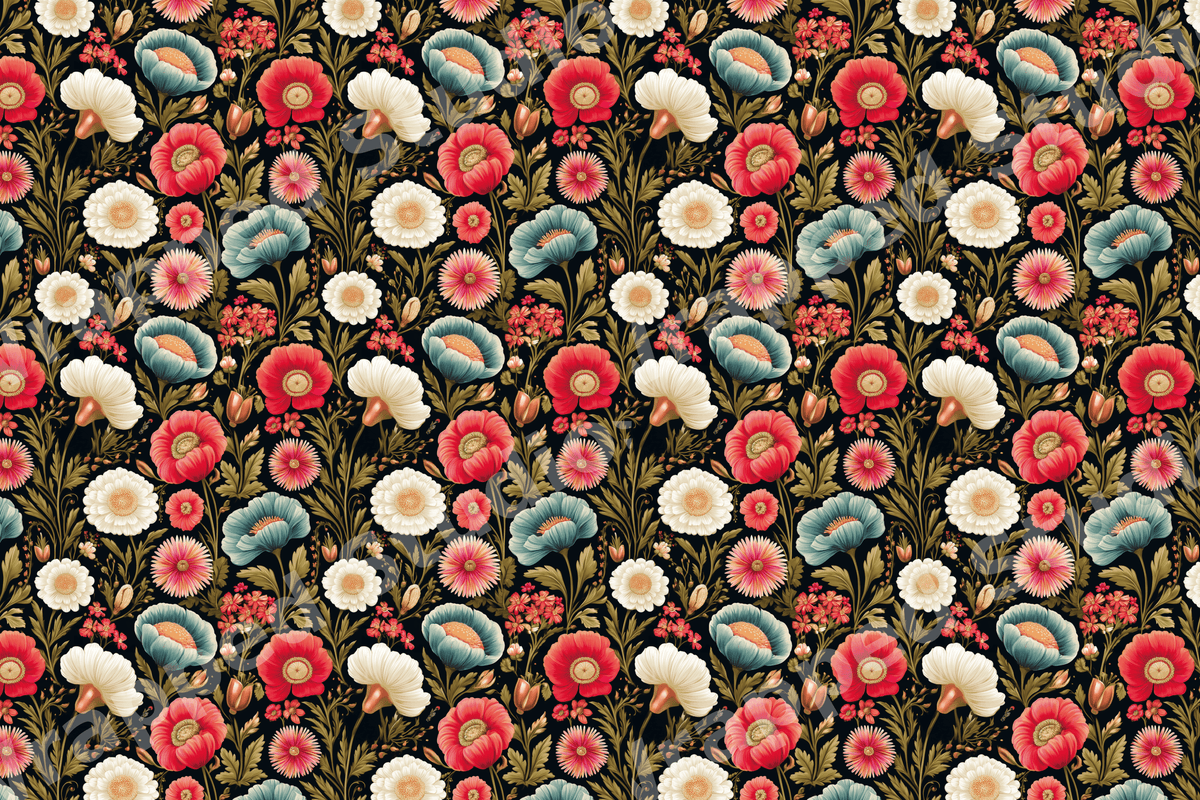 Elegant vintage botanical pattern with red poppies and blue flowers on a dark background.