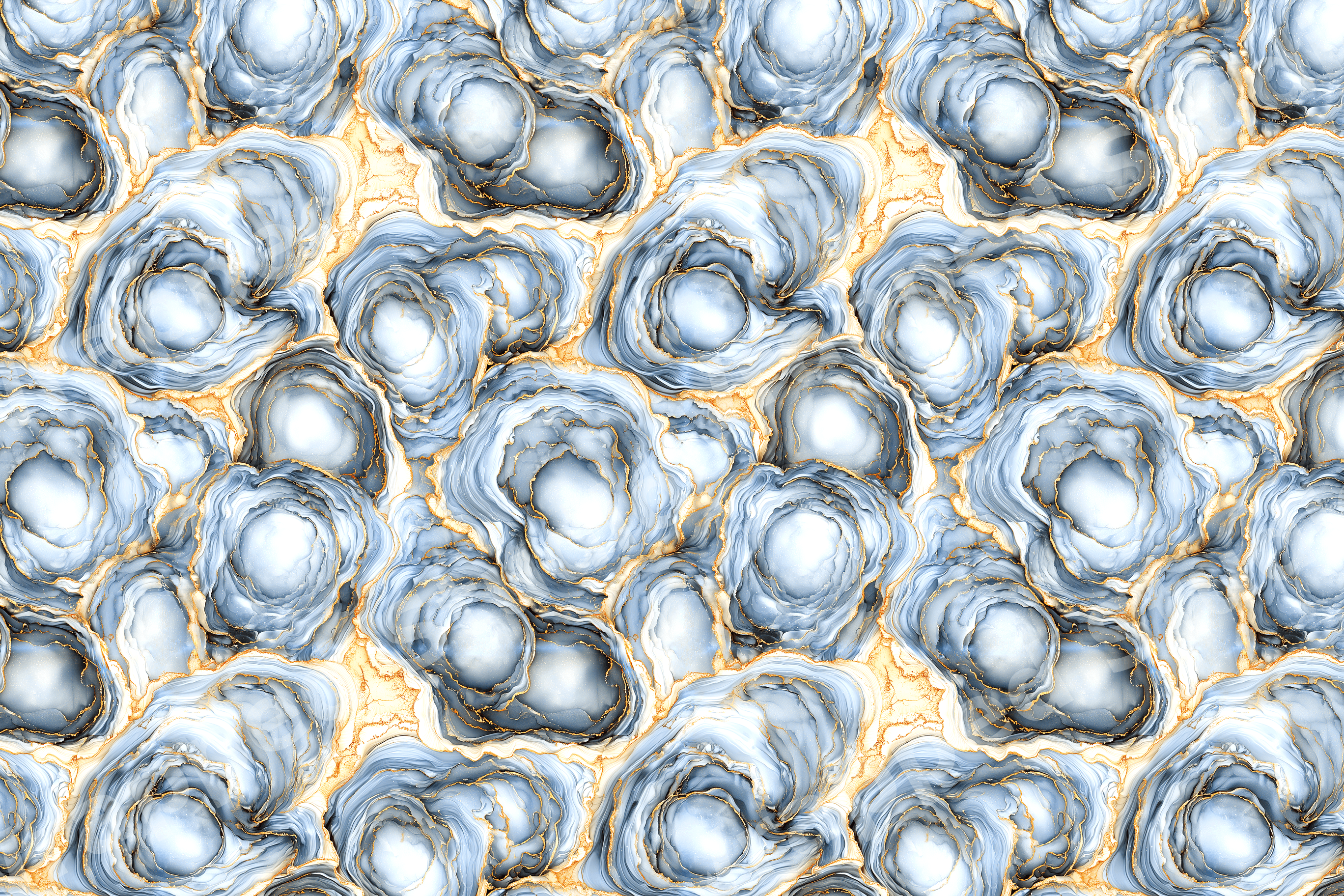 Modern abstract print with blue, grey, and gold alcohol ink swirls in a seamless marble geode pattern.