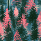 Vibrant pine forest pattern with dark green and neon pink trees on a textured teal background.