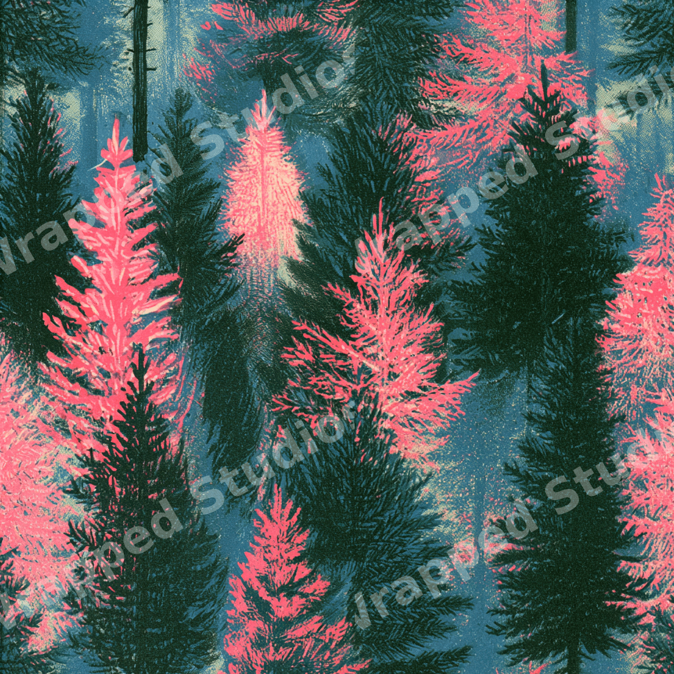Vibrant pine forest pattern with dark green and neon pink trees on a textured teal background.