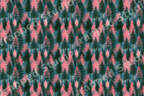 Modern woodland forest pattern featuring pine trees in dark green and coral pink.