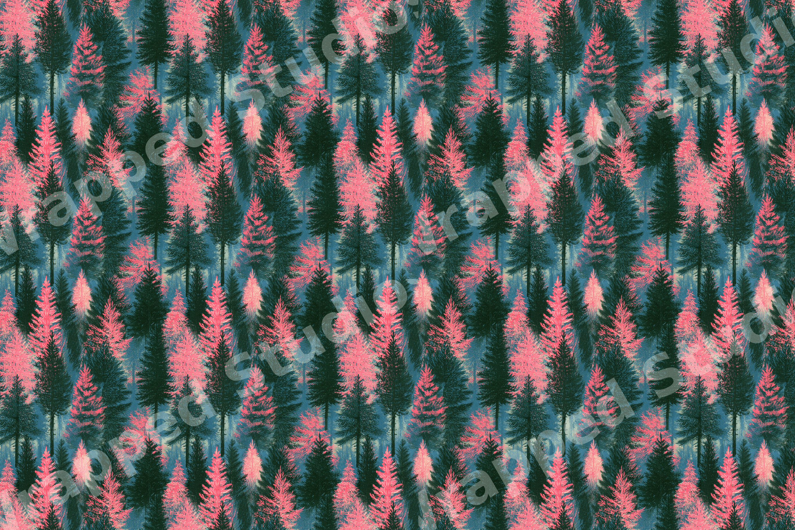 Modern woodland forest pattern featuring pine trees in dark green and coral pink.