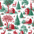 Vintage Christmas toile de Jouy pattern featuring red and green winter village scenes with deer and pine trees.