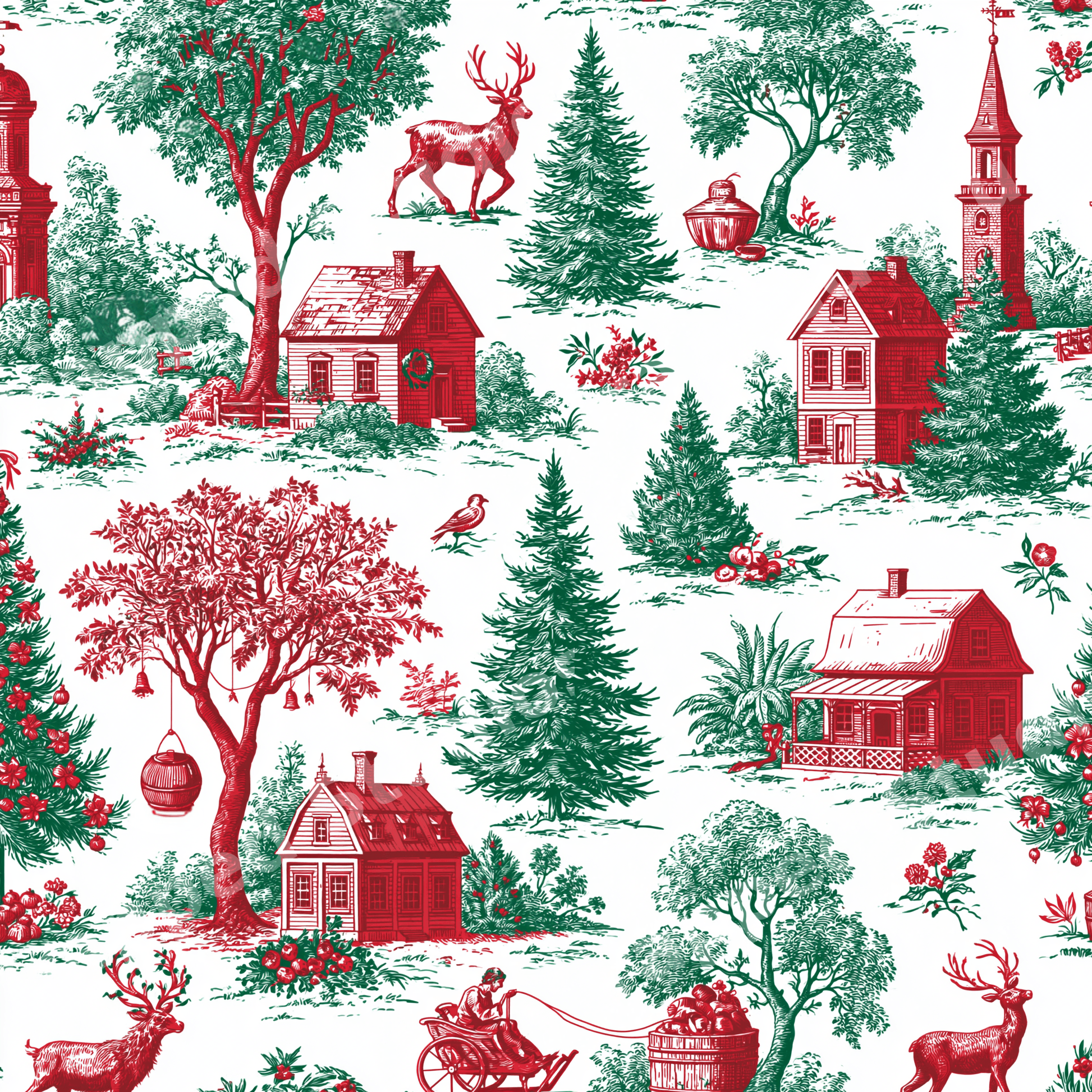 Vintage Christmas toile de Jouy pattern featuring red and green winter village scenes with deer and pine trees.