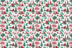 Vintage Christmas toile pattern with red and green winter village scenes, pine trees, and deer on white.