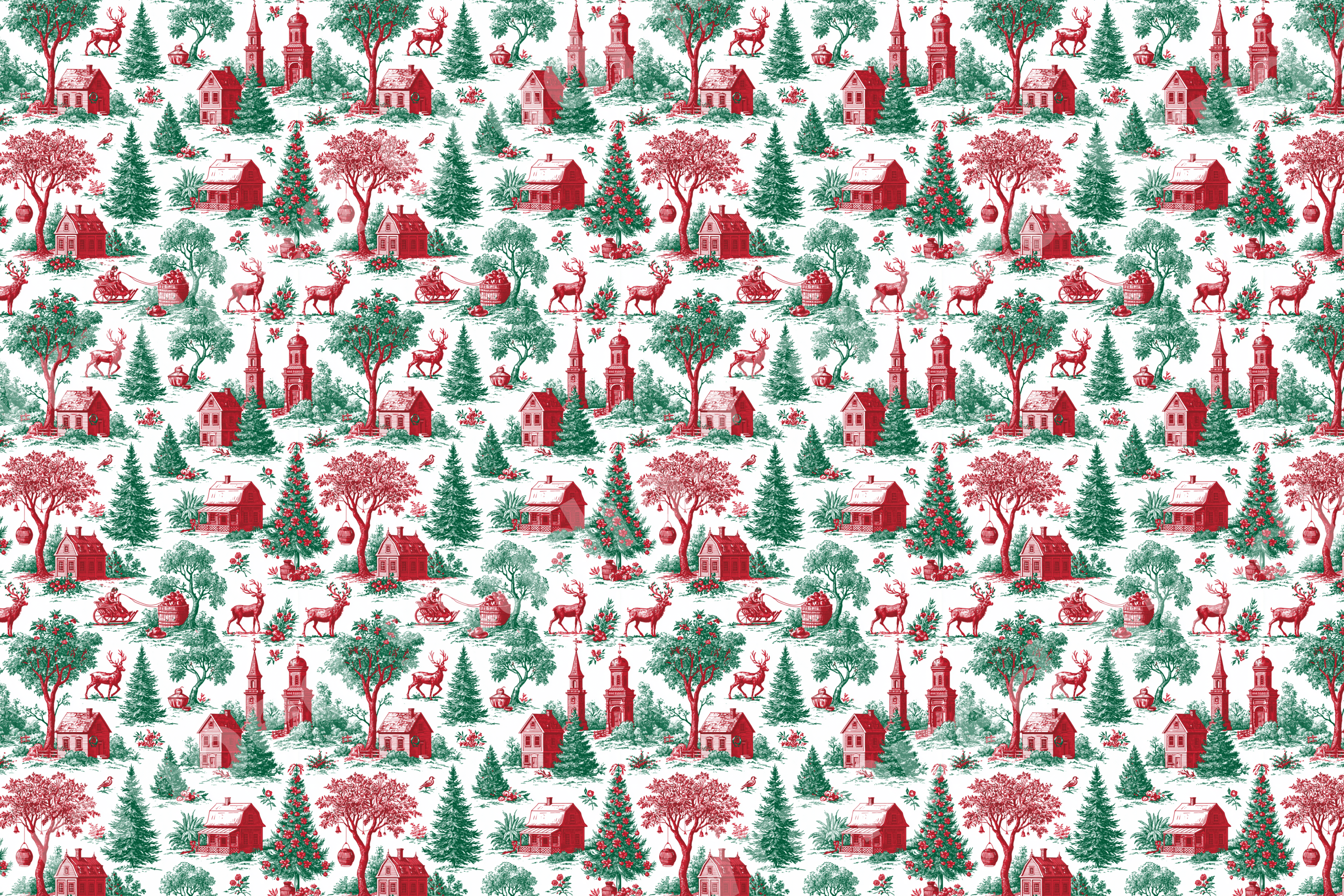 Vintage Christmas toile pattern with red and green winter village scenes, pine trees, and deer on white.