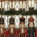 Vintage Christmas nutcracker pattern featuring traditional toy soldiers and green holiday garland on cream.