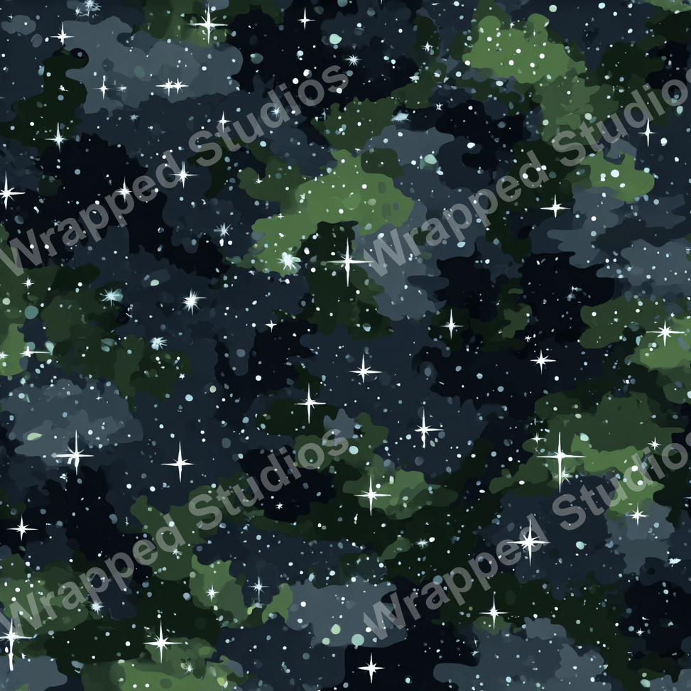 Watercolor galaxy pattern with stars and cosmic dust in shades of green, gray, and navy blue.