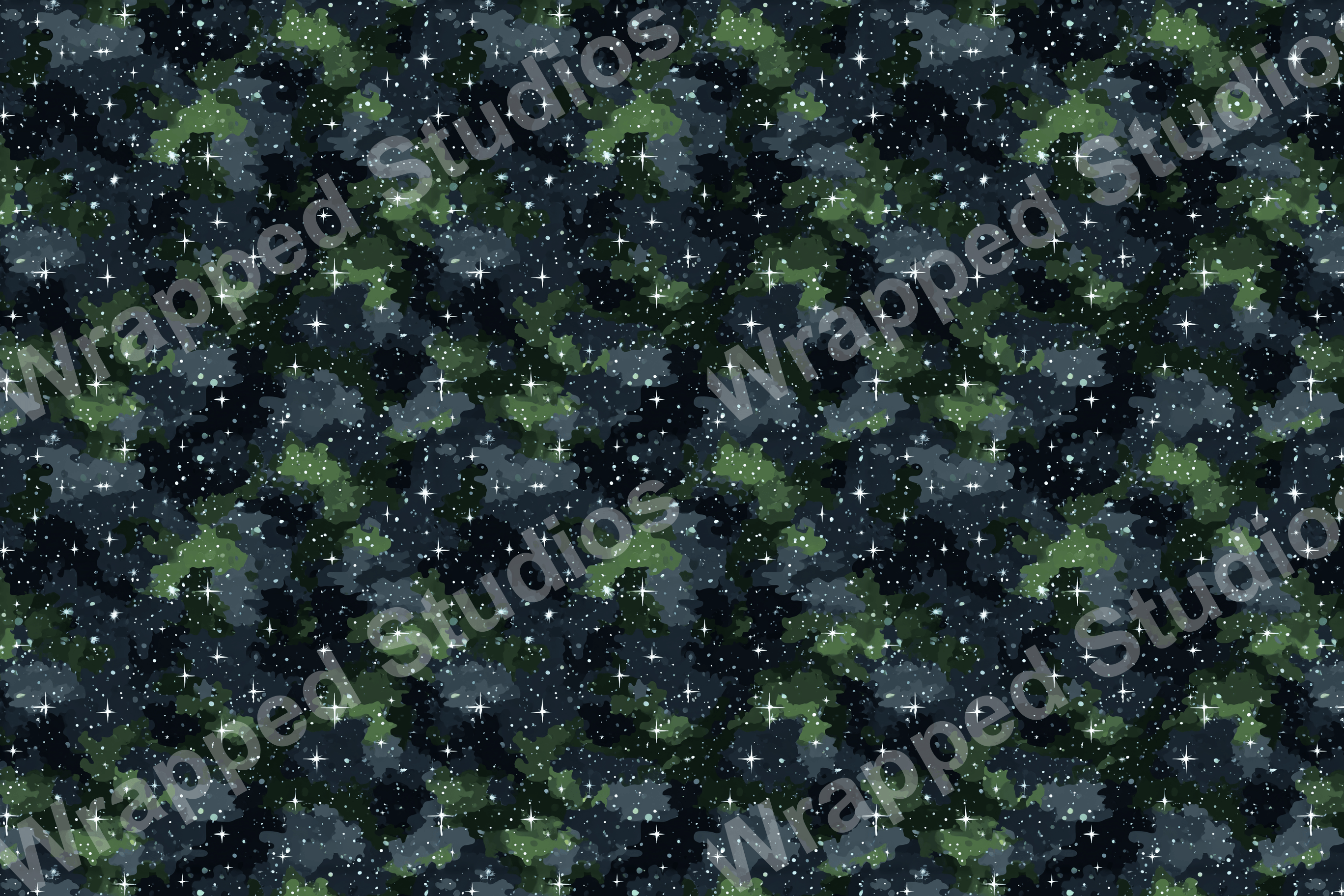 Navy and green space pattern with bright starbursts and scattered dots.