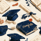 Vintage graduation pattern featuring hand-drawn navy blue mortarboards, diplomas, and books on a cream background.
