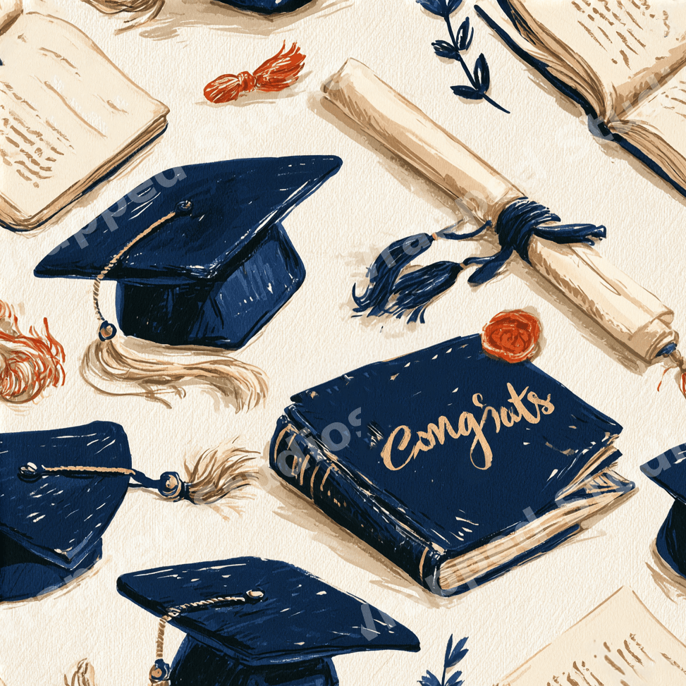 Vintage graduation pattern featuring hand-drawn navy blue mortarboards, diplomas, and books on a cream background.