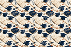 Hand-drawn graduation pattern with vintage navy blue caps, diplomas, and books on a cream background.