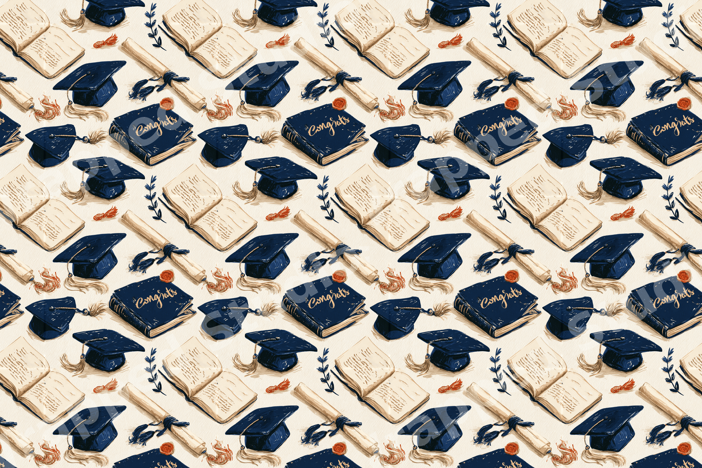 Hand-drawn graduation pattern with vintage navy blue caps, diplomas, and books on a cream background.