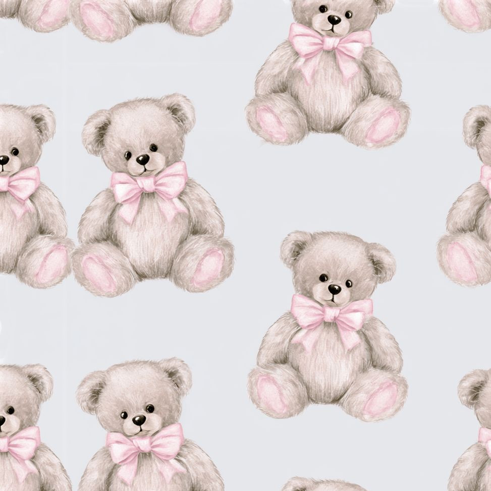 Cute watercolor teddy bear seamless pattern with pink bows on a light pastel background.