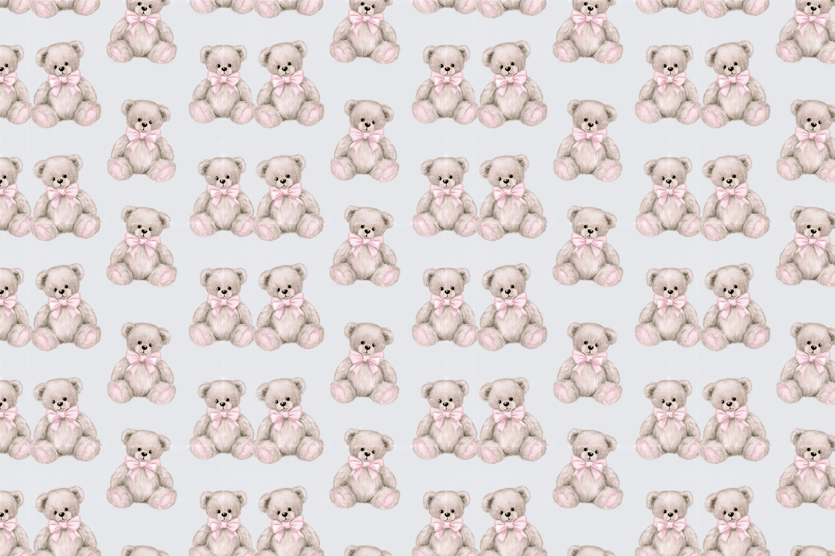 Seamless nursery pattern of cute watercolor teddy bears with pink bows on a light gray background.
