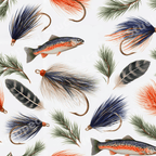 Rustic fly fishing pattern with trout, colorful lures, feathers, and pine needles on a white background.