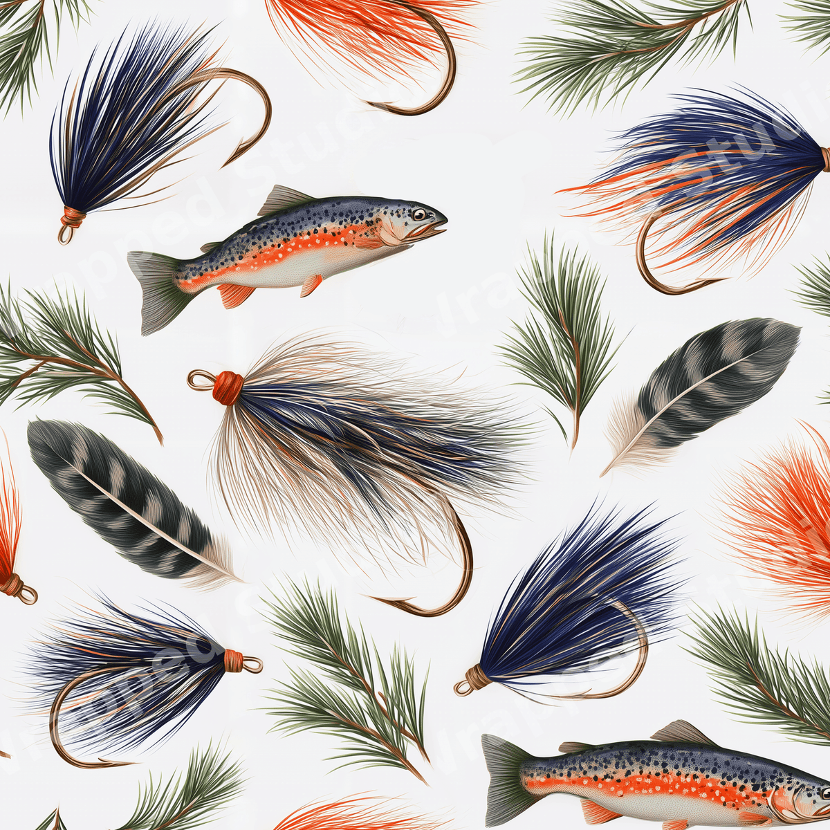 Rustic fly fishing pattern with trout, colorful lures, feathers, and pine needles on a white background.