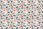 Vintage fly fishing pattern featuring rainbow trout, colorful lures, and pine branches on a white background.