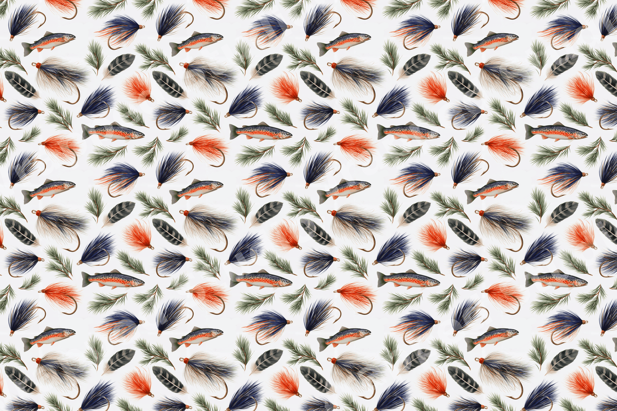 Vintage fly fishing pattern featuring rainbow trout, colorful lures, and pine branches on a white background.