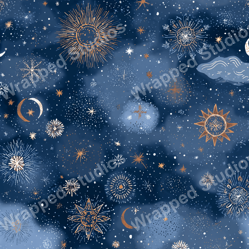 Celestial pattern design with moons, stars, and suns in gold and white on a blue starry sky background.