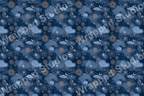 Celestial pattern with sun, moon and stars in gold and light blue on a dark blue background.