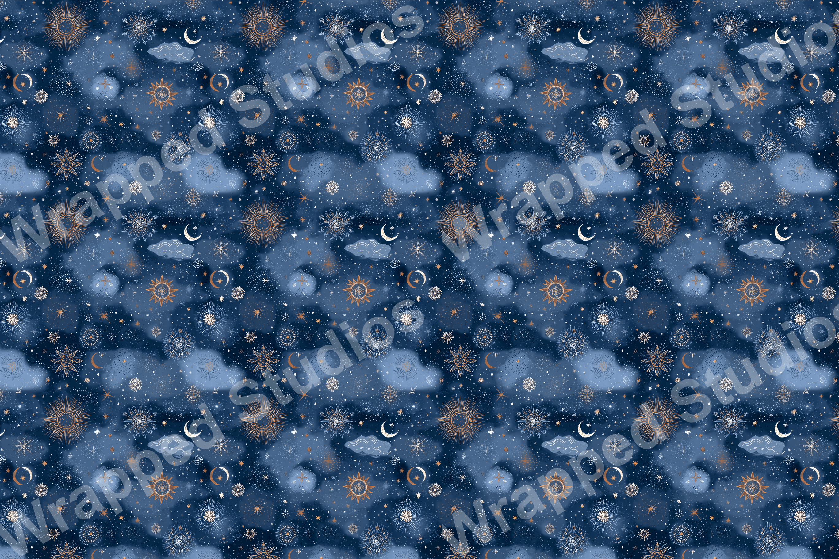 Celestial pattern with sun, moon and stars in gold and light blue on a dark blue background.