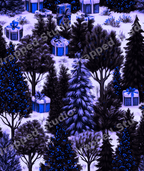 Seamless winter forest pattern with dark pine trees in a snowy blue and purple landscape.