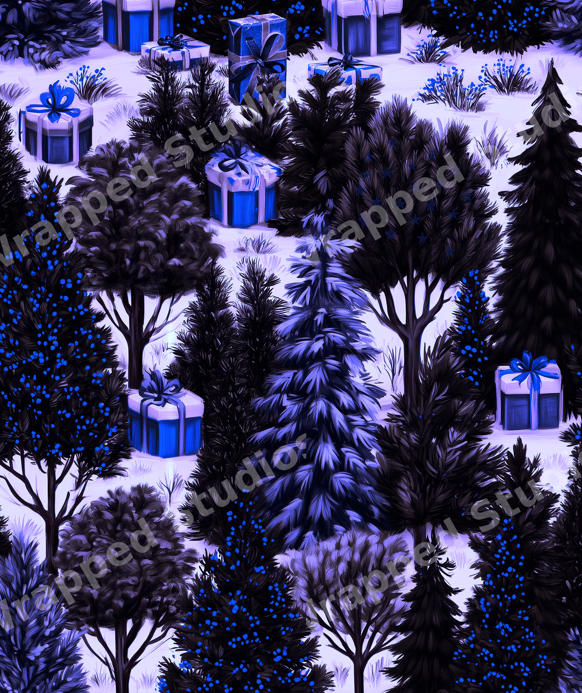 Seamless winter forest pattern with dark pine trees in a snowy blue and purple landscape.