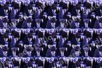 Winter forest pattern with dark blue and purple pine trees in an illustrated holiday style.