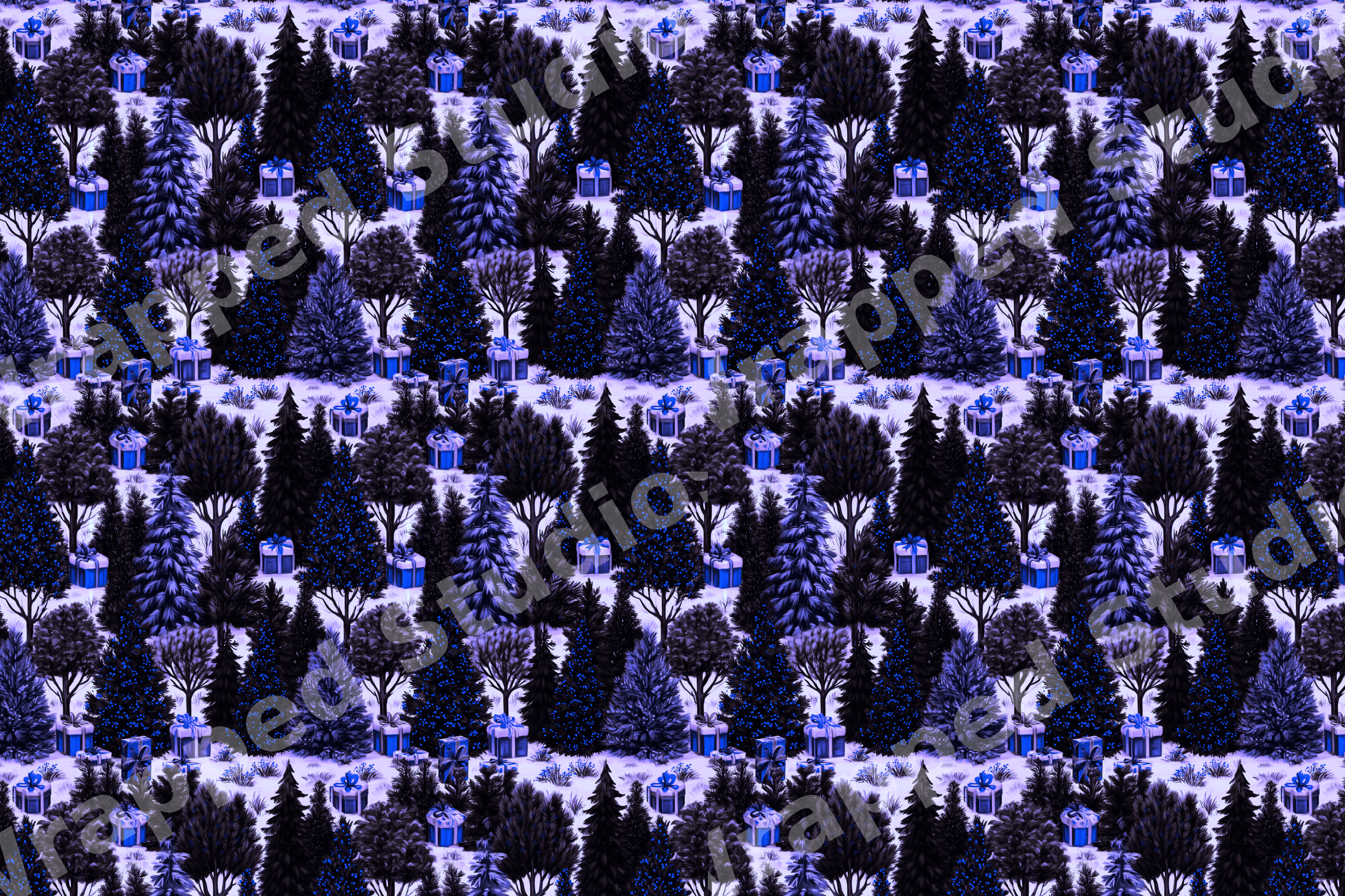Winter forest pattern with dark blue and purple pine trees in an illustrated holiday style.