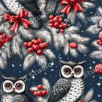 Vintage winter owl pattern with red berries, pine branches, and bows on a starry navy blue background.
