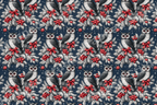 Vintage Christmas owl pattern with red berries, pine branches, and bows on a navy starry night background.