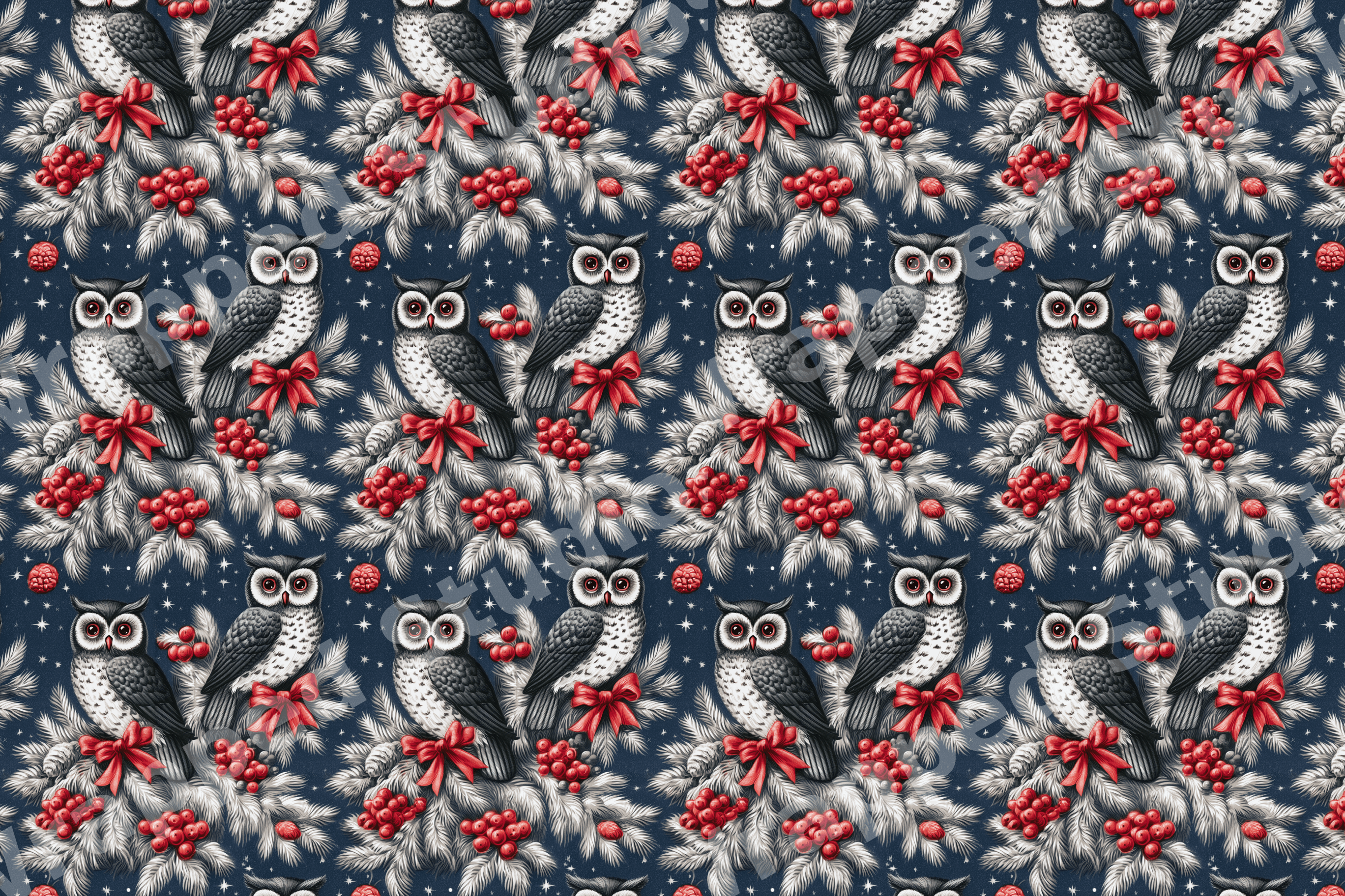 Vintage Christmas owl pattern with red berries, pine branches, and bows on a navy starry night background.