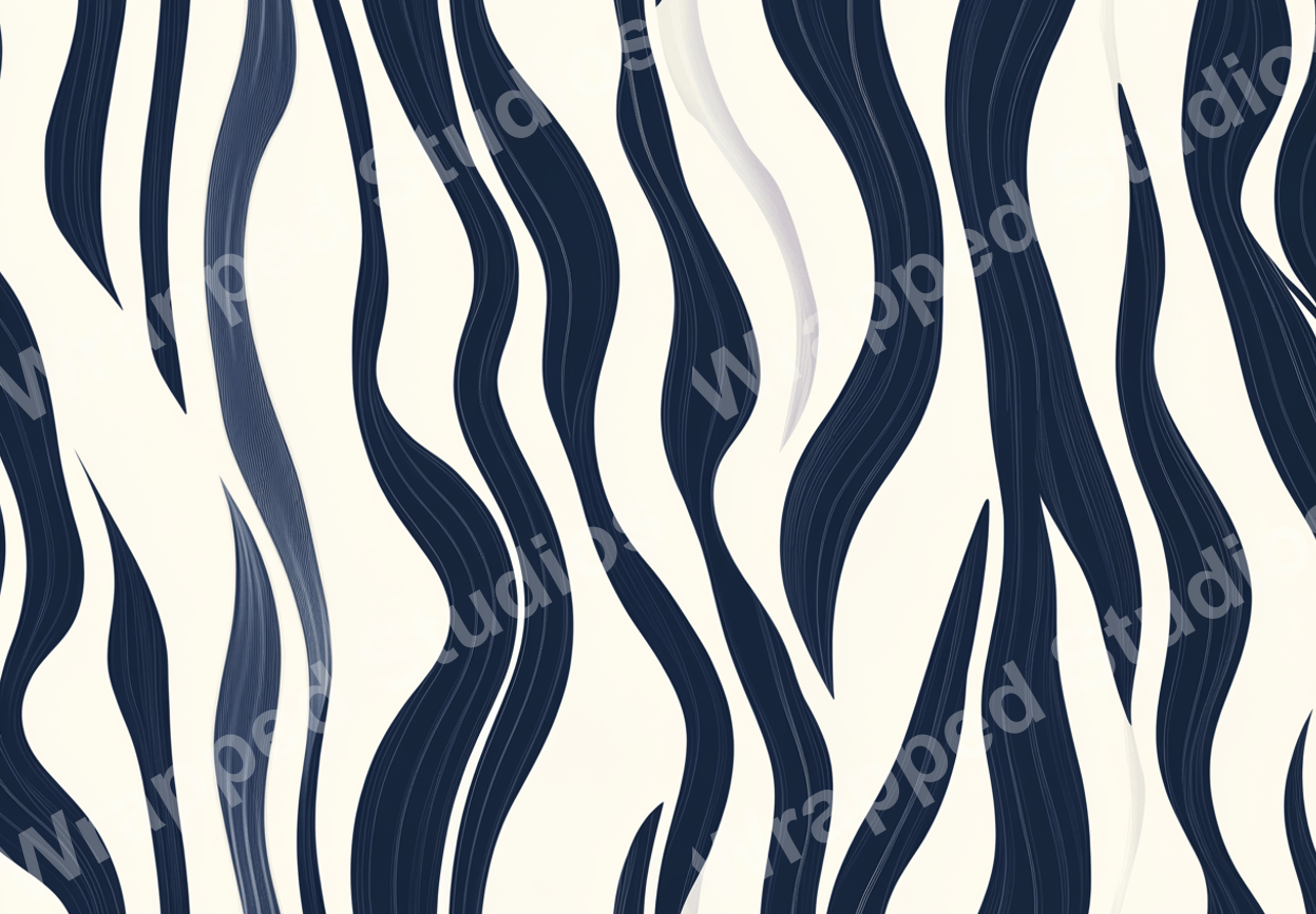 Navy and ivory abstract flowing leaf pattern with subtle line detail.