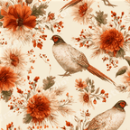 Vintage pheasant and floral pattern with rust orange autumn botanicals on a cream background.