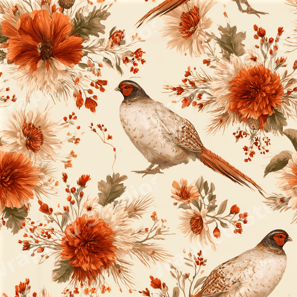 Vintage pheasant and floral pattern with rust orange autumn botanicals on a cream background.