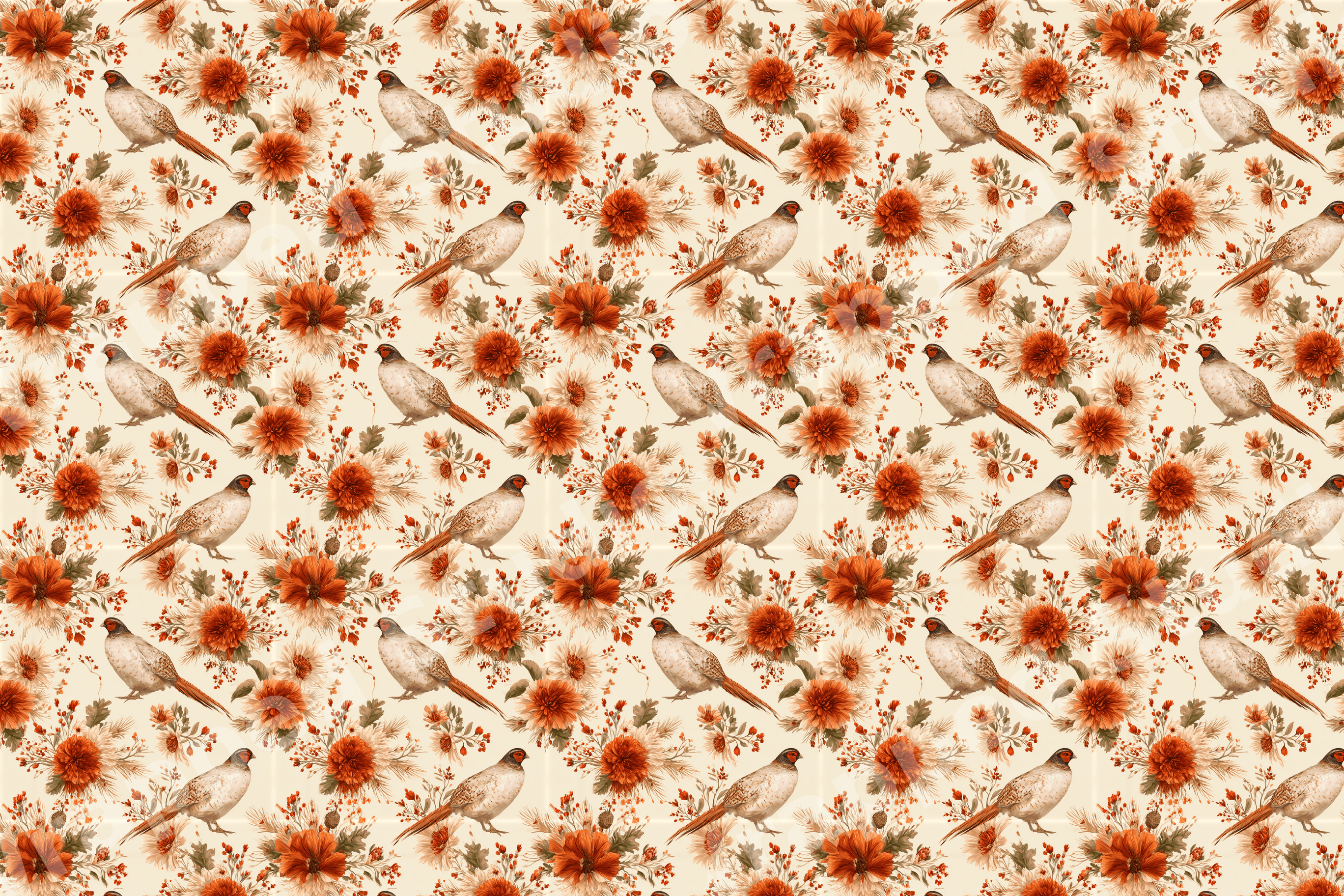 Vintage botanical pattern with rustic pheasants and orange autumn flowers on a cream background.