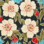 Vintage botanical floral pattern with painted cream blossoms and green leaves on a dark seamless background.